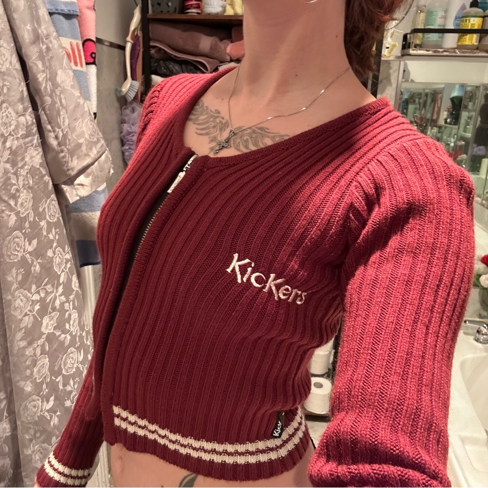 Kickers Ribbed Cropped Zip Cardigan in Burgundy with Red Accent